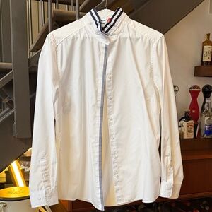 Women's Button-down Ruffle-Collar Blouse with Navy Trim